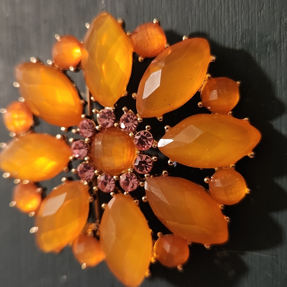 Signed Liz Claiborne Orange and Pink Gemstone Brooch